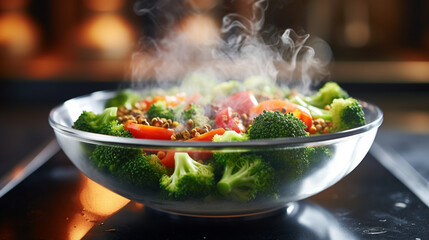 Wall Mural - Steam cooked healthy vegetables in bowl plate in kitchen.Macro