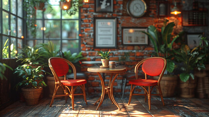 No people, empty table and chairs in cafe.