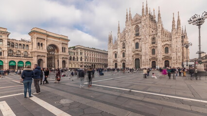 Wall Mural - Panorama showing Milan Cathedral and Vittorio Emanuele gallery timelapse.