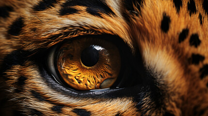 The eyes of a leopard, in the style of photorealistic detail, dark orange, birds-eye-view, macro zoom, realistic trompe-l'oeil, balinese art, rim light

