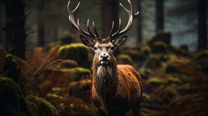Wall Mural - One of the red deer is looking at camera through the forest, in the style of dark atmosphere, photo-realistic landscapes, wimmelbilder, british topographical, 3840x2160, close-up, baroque animals

