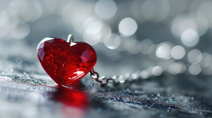 Poster - A red heart shaped pendant on a chain with shiny surface, AI