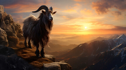 Wall Mural - A goat stands on top of a mountain while the sun goes down, in the style of photo-realistic landscapes, baroque animals, wimmelbilder, dau al set, 3840x2160, hellish background, soviet

