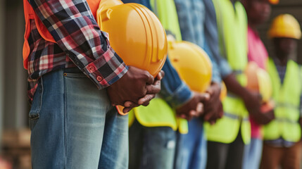 Wall Mural - Close-up of a row of construction workers holding their yellow and orange safety helmets