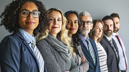 Line-up of cheerful individuals from diverse ethnic backgrounds, with confident smiles, dressed in professional attire, representing a unified team or staff of a modern, inclusive company.