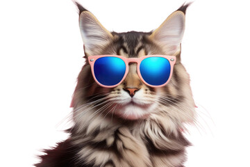 Wall Mural - Creative animal concept. Maine Coon cat kitten kitty in sunglass shade glasses isolated on solid pastel background, commercial, editorial advertisement, surreal surrealism