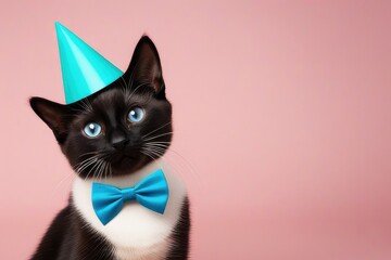 Wall Mural - Creative animal concept. Siamese cat kitten kitty in party cone hat necklace bowtie outfit isolated on solid pastel background advertisement, copy text space. birthday party invite invitation