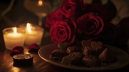 Poster - Valentine's Day flowers and chocolates, extreme low-angle shot, candle light