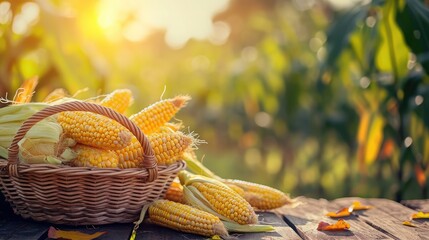 Wall Mural - corn in basket with leaves on wooden table and corn tree farm with sunlight background.