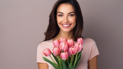 International Women's Day. Extremely happy brunette woman  is smelling a bunch of spring flowers, which she is holding in her hands. Bouquet of tulips