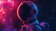 An astronaut wear a headphones over helmet and listen music in open space background
