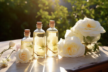 Wall Mural - rose essential oil bottles and flowers in garden, rose harvesting, extraction absolute production, Generative AI