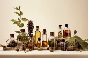 Sticker - modern glass perfume bottles with herbs flowers spices wood, natural perfume cosmetics, Generative AI