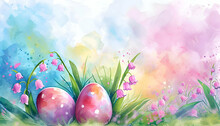 Watercolor Flower Meadow With Colorful Easter Eggs Background.Easter And Spring Wallpaper.