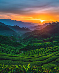 Wall Mural - sunset over the tea plantation and mountains