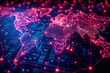 Ilustración de Un mapa mundial cubierto por una red de líneas que representan la cobertura global de 5G, globalización