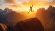 Man jumping over precipice between two rocky mountains at sunset. Freedom, risk, challenge, success.