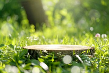 Wall Mural - Round cut of a tree, a pedestal for an object, a podium for cosmetics. Summer sunshine, against the background of lush green grass.. High quality photo. generative ai.