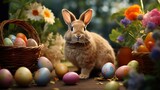 Fototapeta Panele - Cute Easter bunny sitting next to a basket with Easter eggs and flowers on a wooden tabletop, Bright Easter Card