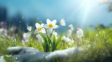 Spring Flowers And Grass Growing From The Melting Sun, Blue Sky And Sunshine In The Background. Concept Of Spring Coming And Winter Leaving.