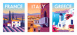 © alaver - Set of travel posters. Italy, Greece and France. Handmade drawing vector illustration.
