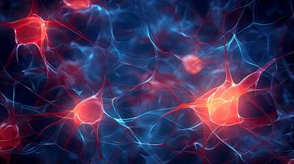 Wall Mural - 3d glow background with red and blue neon cells. AI generated illustration.