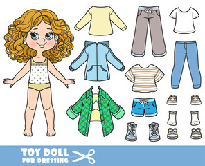 Poster - Cartoon girl with curle haired and clothes separately -  shirts, shorts, jeans and sandals doll for dressing