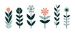 Graphic illustration of colorful plants and flowers in a minimalist style for decoration, textiles or branding.