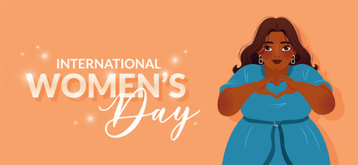 Wall Mural - International Women's Day. 8 March. Inspire inclusion. Banner with indian woman showing sign of heart. Modern vector design for poster, campaign, social media post. Body positive movement.