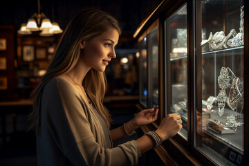 Young woman looks at a jewelry display case