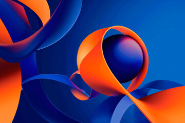 Wall Mural - modern abstract gradient of deep blue and orange with curved solid geometric shape over blue background 
