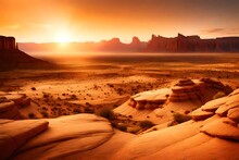 A Rocky Desert Plateau, Featuring Towering Mesas And Buttes With Intricate Geological Layers, With The Sun Setting In The Distance, Casting A Warm Golden Glow On The Landscape.