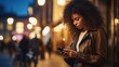 Capture the essence of a young woman with curly hair and a black leather jacket, absorbed in using her mobile phone on the vibrant city street