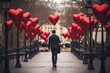 Man walking away from love. Guy in black from behind and red heart shaped balloons around on Valentines Day February 14.  Emotionally unavailable running from love and relationship.