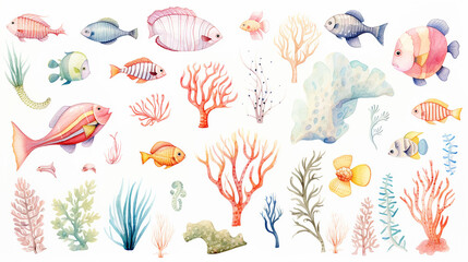 Wall Mural - underwater creatures watercolor collection with multicolored coral reefs, seashells and seaweeds
