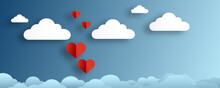Poster Or Banner With Blue Sky, Clouds And Hearts Cut Out Of Paper. Valentine's Day Background For Design.