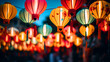 Colorful paper lanterns hanging in night view - ai generative