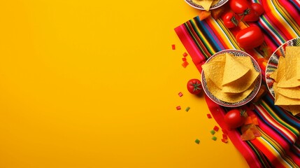 Wall Mural - Vibrant Cinco de Mayo Fiesta: Top View of Delicious Nacho Chips on a Festive Table - Perfect for Mexican Holiday Celebrations