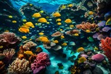 Fototapeta  - A breathtaking view of a vibrant, colorful coral reef teeming with marine life beneath crystal-clear waters.