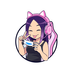 Canvas Print - Cute anime gamer girl expression esport gaming vector logo mascot