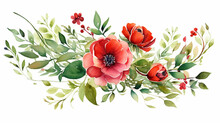 Beautiful Floral Design With Red Green Flower Garden Watercolor Arrangement On White Background