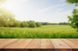 Empty wooden deck table on the blurred green meadow background. Backdrop for mockup and promotion design.