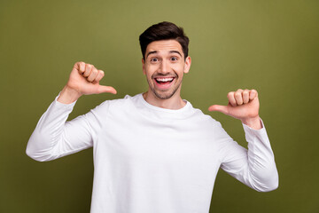 Sticker - Photo of nice positive person toothy smile point fingers self himself isolated on khaki color background