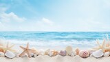 Fototapeta Łazienka - Seashells and Starfish on Sunny Beach with Waves, Summer Vacation Concept