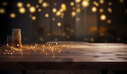 Poster - Wood table top of blurred abstract gold bokeh background with christmas lights.