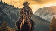 Cowboy riding a horse under beautiful sunset
