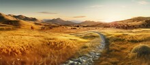 Mountain Autumn Landscape. Grassy Road To The Mountains Hills During Sunset. Nature Background. Panorama Of Autumn Field With Dirt Road And Cloudy Sky.