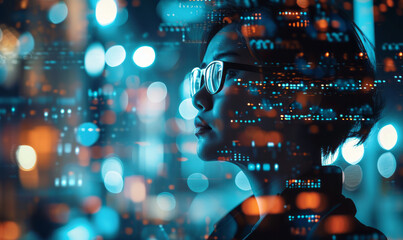 Poster - The technology innovator persona with a glitch effect on a holographic screen, emphasizes the intersection of technology and forward-thinking business