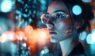 Poster - a futuristic portrait of a businesswoman with holographic screens, incorporating glitch effects and reflections