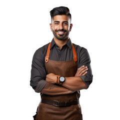 Wall Mural - Front view of an extremely handsome Indian male model dressed as a Barber smiling with arms folded, isolated on a white transparent  background